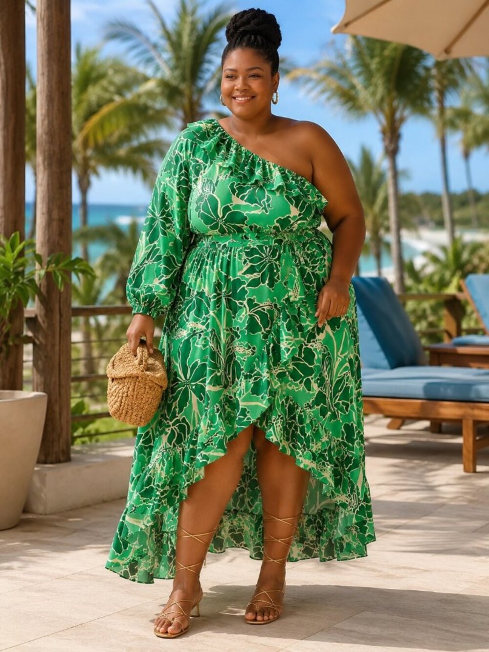 Farm Rio Anthropologie One Shoulder Maxi Dress Green Tropical Floral Ruffle XL